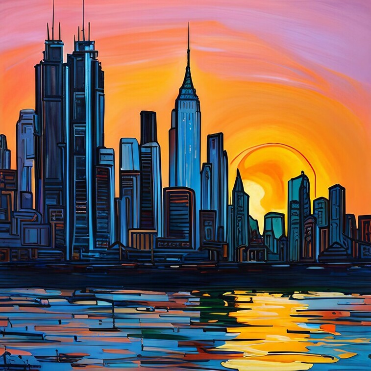 Sun rising over city skyline